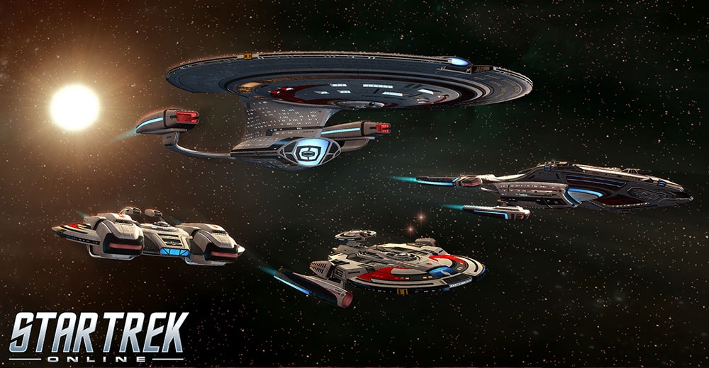 Shran, Andromeda, Reliant, and Pathfinder-class ships from the Terran Imperial Fleet in Star Trek Online