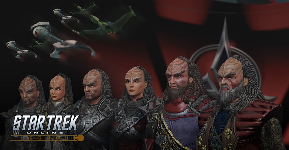 An image of the Year of Klingon. A red background, Klingon ships, and a variety of Klingon faces and uniforms are representative of Star Trek Online\'s newest offering