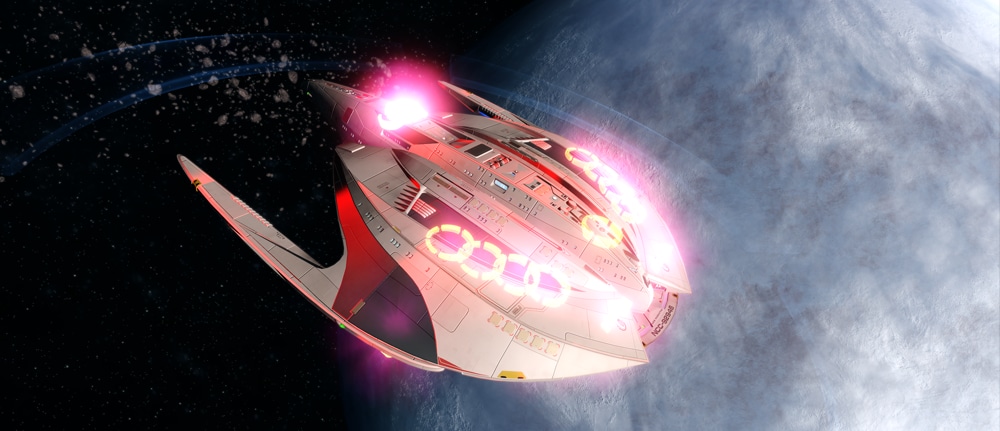 A Da Vinci-class Miracle Worker Escort starship engages its Troyius Protocol console in Star Trek Onlines
