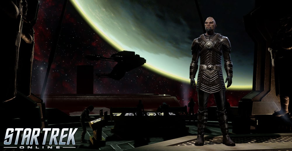 A player character from Star Trek Online that looks like a Klingon from Star Trek: Discovery