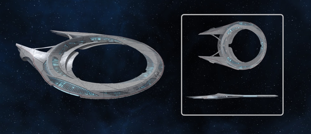 Dorsal, side, and three-quarter profile views of the Saturn-class Science Spearhead starship from Star Trek Online