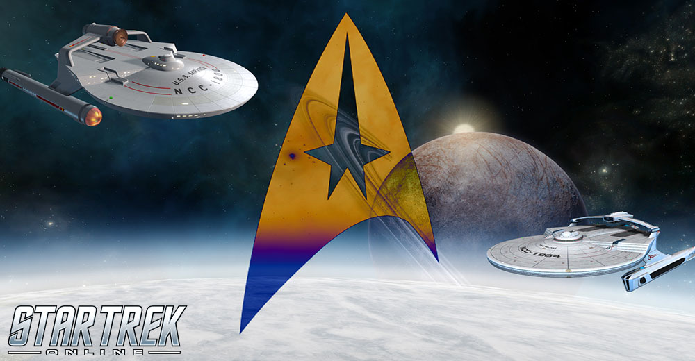 Promotional image for Star Trek Online's Temporal Recruitment Event, featuring two versions of the Miranda Cruiser