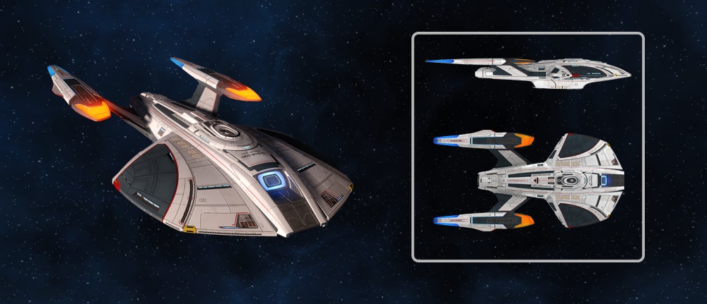 Profile, side, and top views of the Equinox-class Pilot Scout starship from Star Trek Online