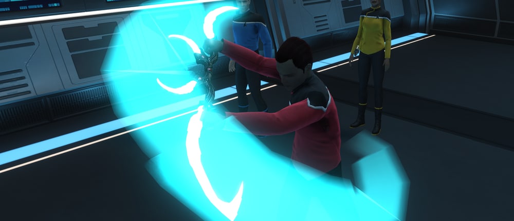 A Starfleet captain wielding an ice-blue glowing bat'leth in Star Trek Online