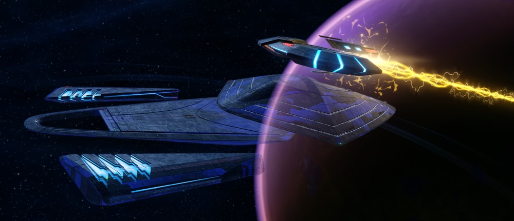 The Janeway-class Science Vessel from Star Trek Online fires its Photonic Cannon