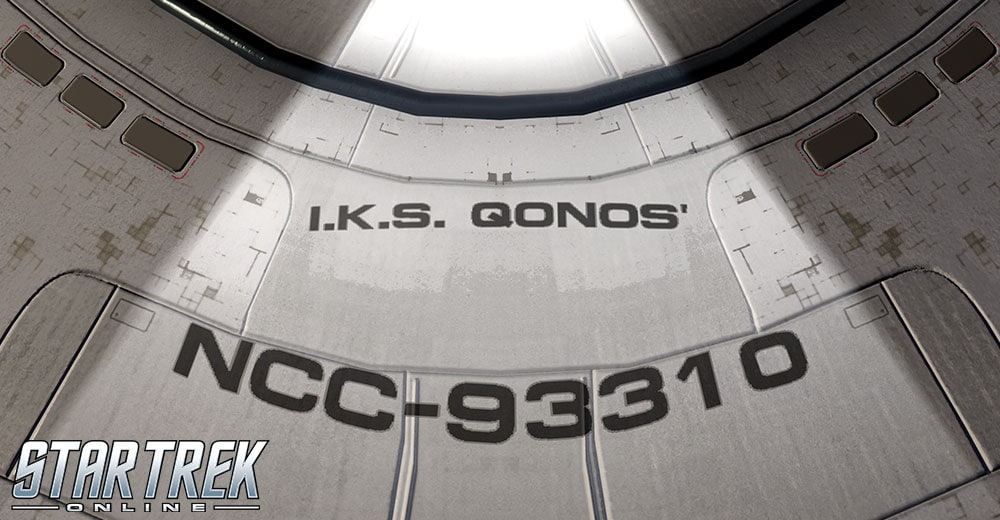 A closeup shot of a Starfleet vessel in Star Trek Online, with the name I.K.S. QONOS'