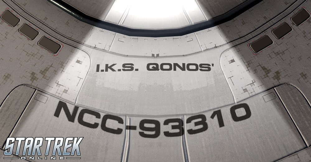 A closeup shot of a Starfleet vessel  in Star Trek Online, with the name I.K.S. QONOS'