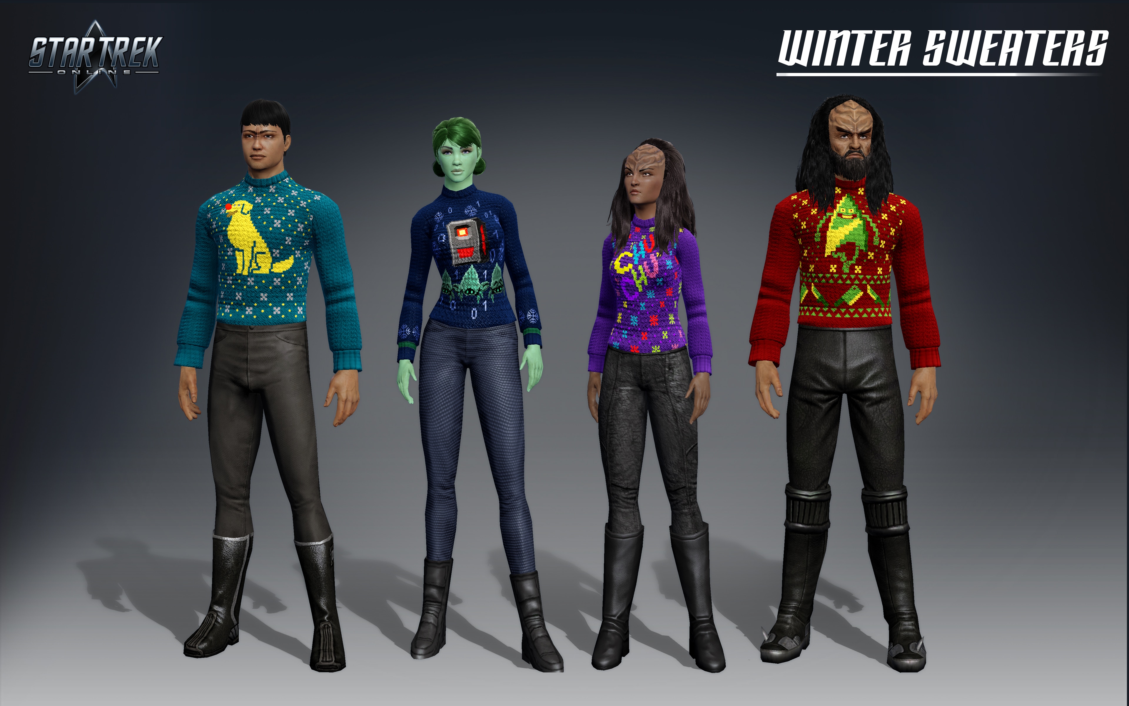 Player characters modeling the new winter sweaters available with Star Trek Online\'s in-game winter holiday event