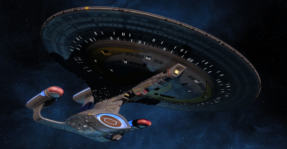 Star Trek Online's T6 Legendary Dreadnought Cruiser. Features a third nacelle and phaser lance