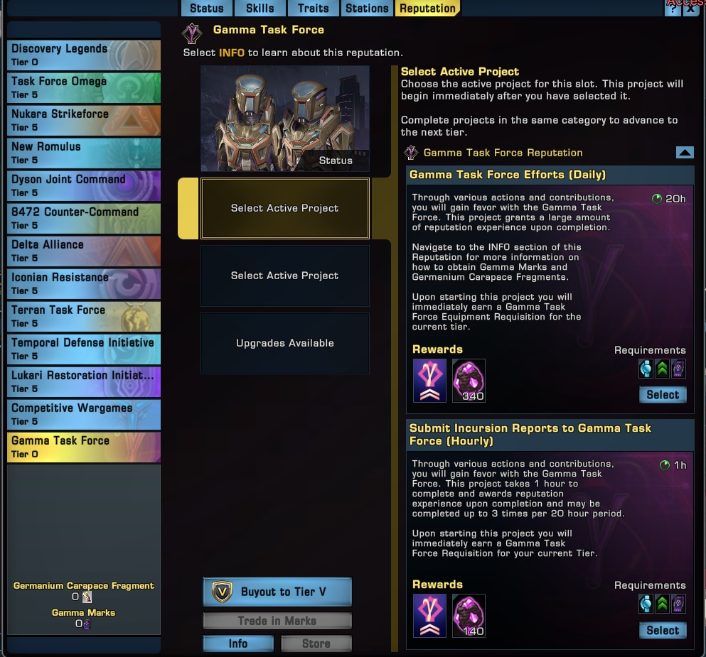 The reputation tab, illustrating the buyout option for Star Trek Online